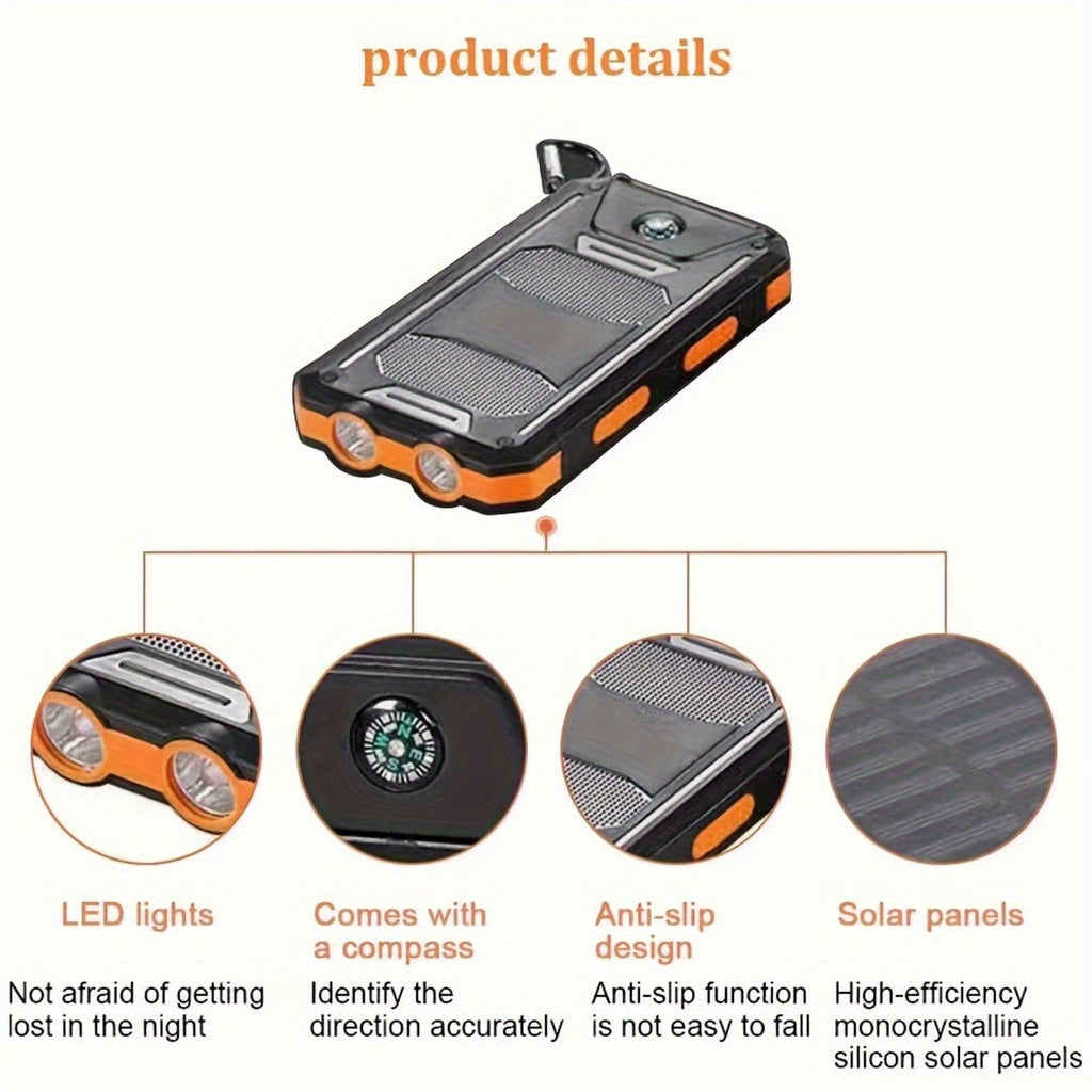 Portable Solar Mobile Phone Charger, Camping External Battery Charger for Mobile Phones, 2 USB/ LED Flashlights with Compass for Outdoor Activities, Portable Solar Power Bank, Solar Battery, Portable Charger Power Bank, Solar