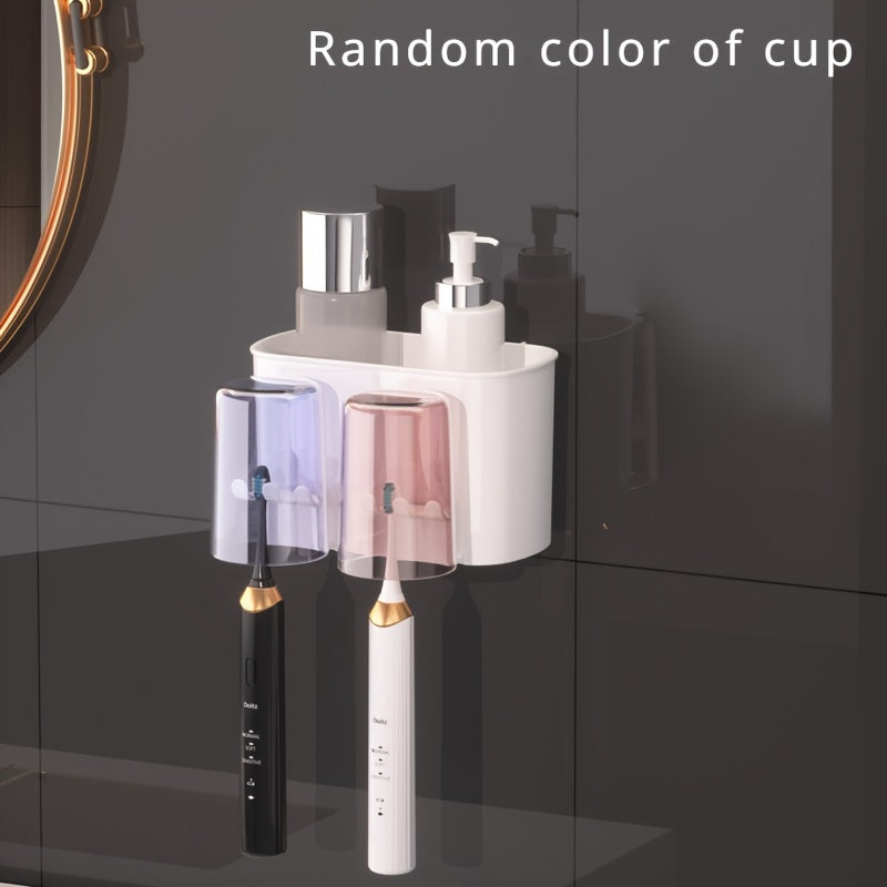 Durable Plastic Space-Saving Wall-Mounted Holder - Multi-Cup Toothbrush & Mouthwash Organizer with Ample Storage