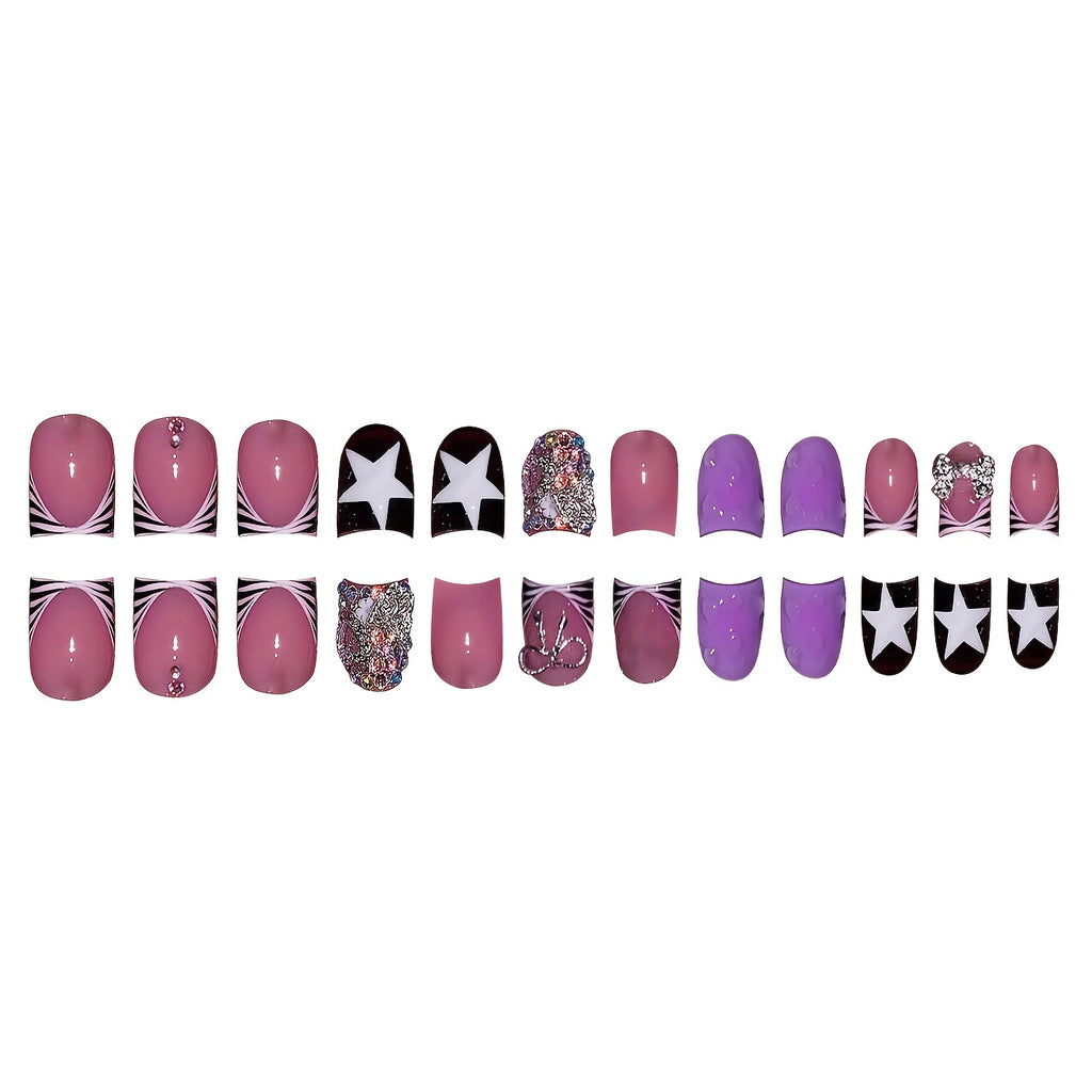 24pcs Y2K Press-On Nails Set, Medium Length Duck Mouth Shape with Mixed Purple Palette, Zebra Stripe & Star Patterns, Rhinestone Accents, Glossy Finish, Includes Nail File & Jelly Glue