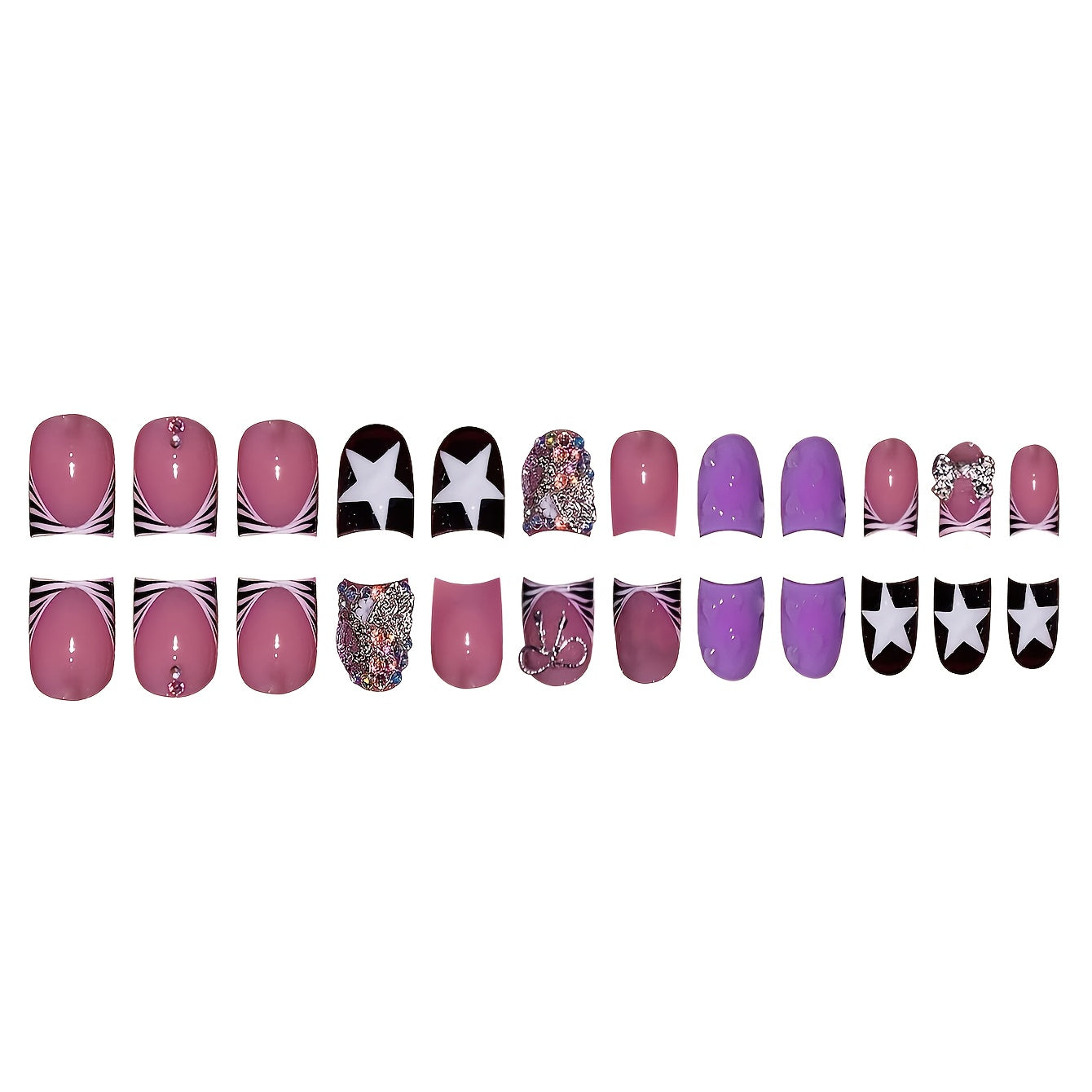 24pcs Y2K Press-On Nails Set, Medium Length Duck Mouth Shape with Mixed Purple Palette, Zebra Stripe & Star Patterns, Rhinestone Accents, Glossy Finish, Includes Nail File & Jelly Glue