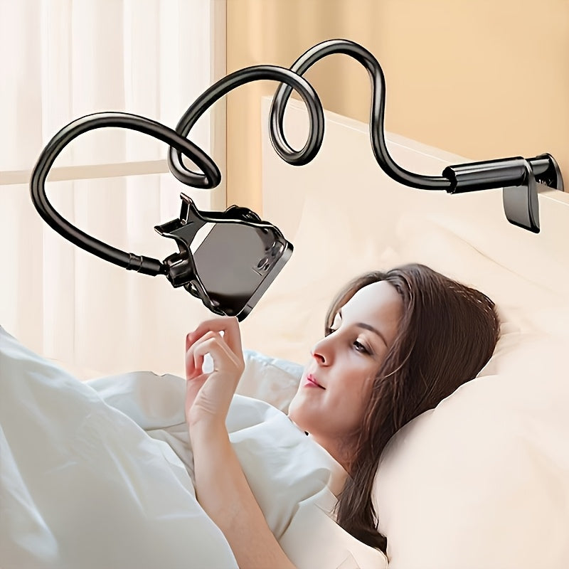 Phone and tablet stand with 360° swivel wheels, adjustable angle for flexible positioning, sturdy and durable design. Perfect as a bedside phone holder without straining your hands. Features an adjustable spiral base tension