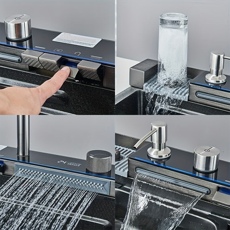 Digital Display Waterfall Sink, Single Bowl Kitchen Sinks, Stainless Steel Bar Sink With Pull Down Sprayhead Faucet, Smart Modern Kitchen Sink, Full Set Of Accessories, Gun Gray & Brushed Golden, 1 Set