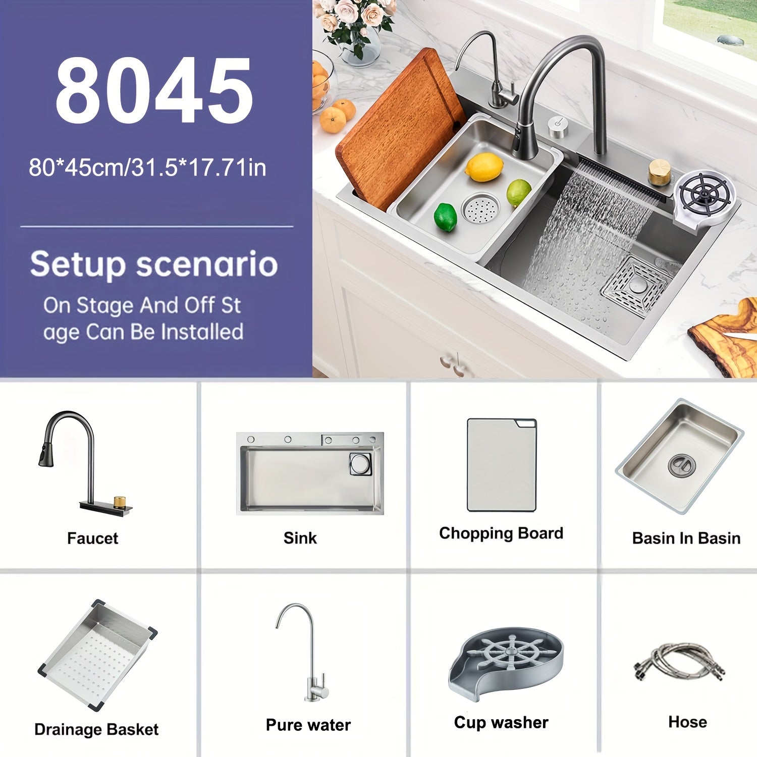 Digital Display Waterfall Sink, Single Bowl Kitchen Sinks, Stainless Steel Bar Sink With Pull Down Sprayhead Faucet, Smart Modern Kitchen Sink, Full Set Of Accessories, Gun Gray & Brushed Golden, 1 Set