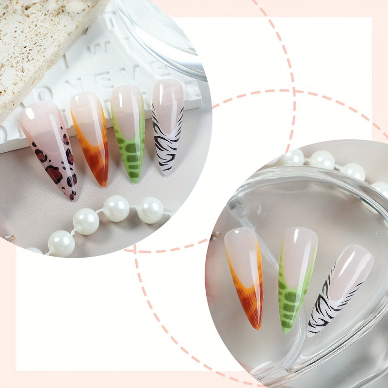 24 French Pointed Almond Long Holiday Nails, French Multi-Color Leopard Print with Slim High-Heeled Nail Tips, Autumn And Winter Sticky Nails, a Full Set of Sticky Nails, Suitable for Women And Girls.