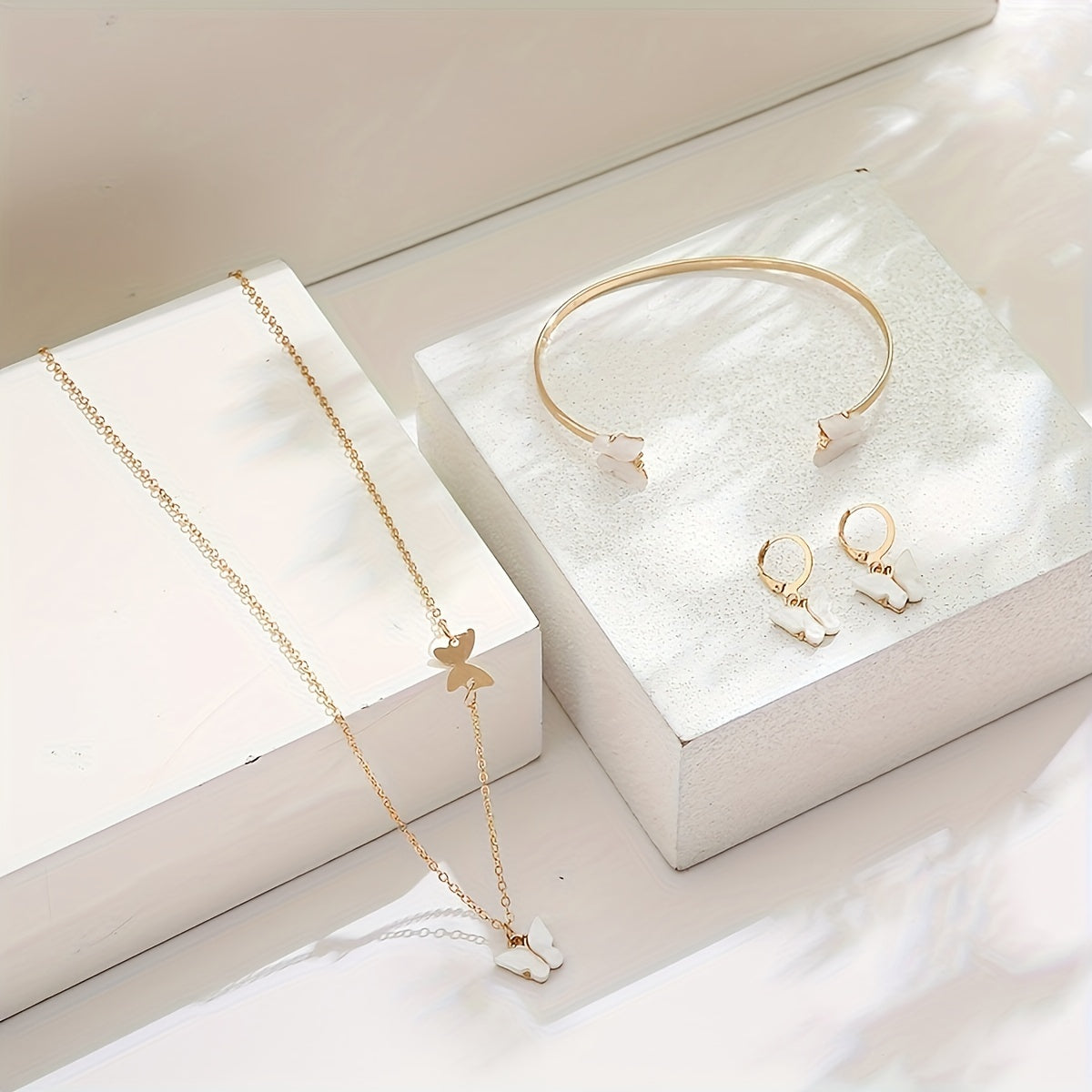 [Minimalist Jewelry] 4pcs Minimalist Butterfly Jewelry Set | Korean Open Bracelet Necklace Earring for Women, Perfect Gift