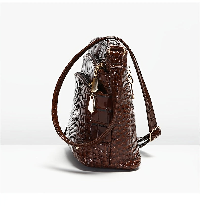 Shiny Crocodile Pattern Women'S Bag, PU Soft Shoulder Bag, Multi-Layer Crossbody Bag, Stylish And Versatile Large Capacity Bucket Bag.
