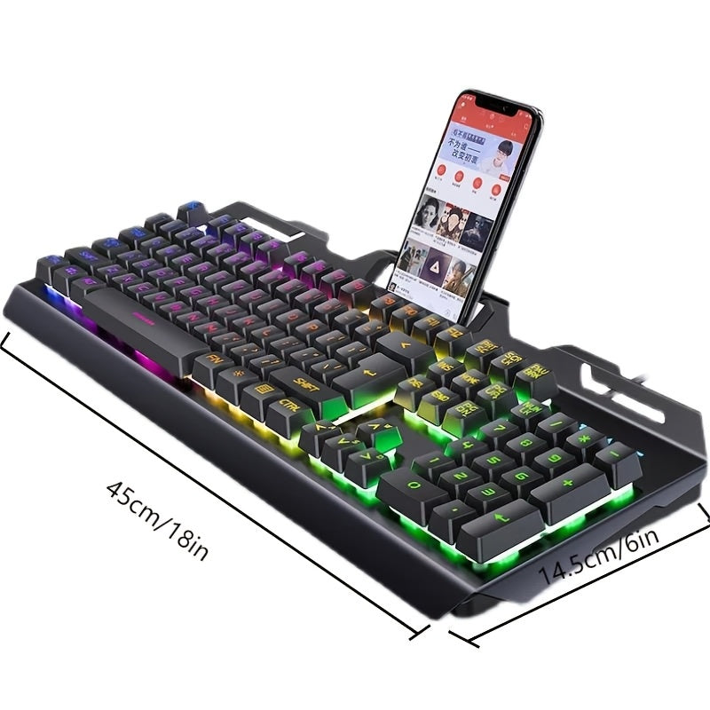Ergonomic Gaming Keyboard - Wired, Faux Mechanical Feel, LED Color Backlight, USB Connection, 104 Keys Full Metal Panel, Multimedia Knob And Laptop Phone Holder Gift for Your Family Boyfriend
