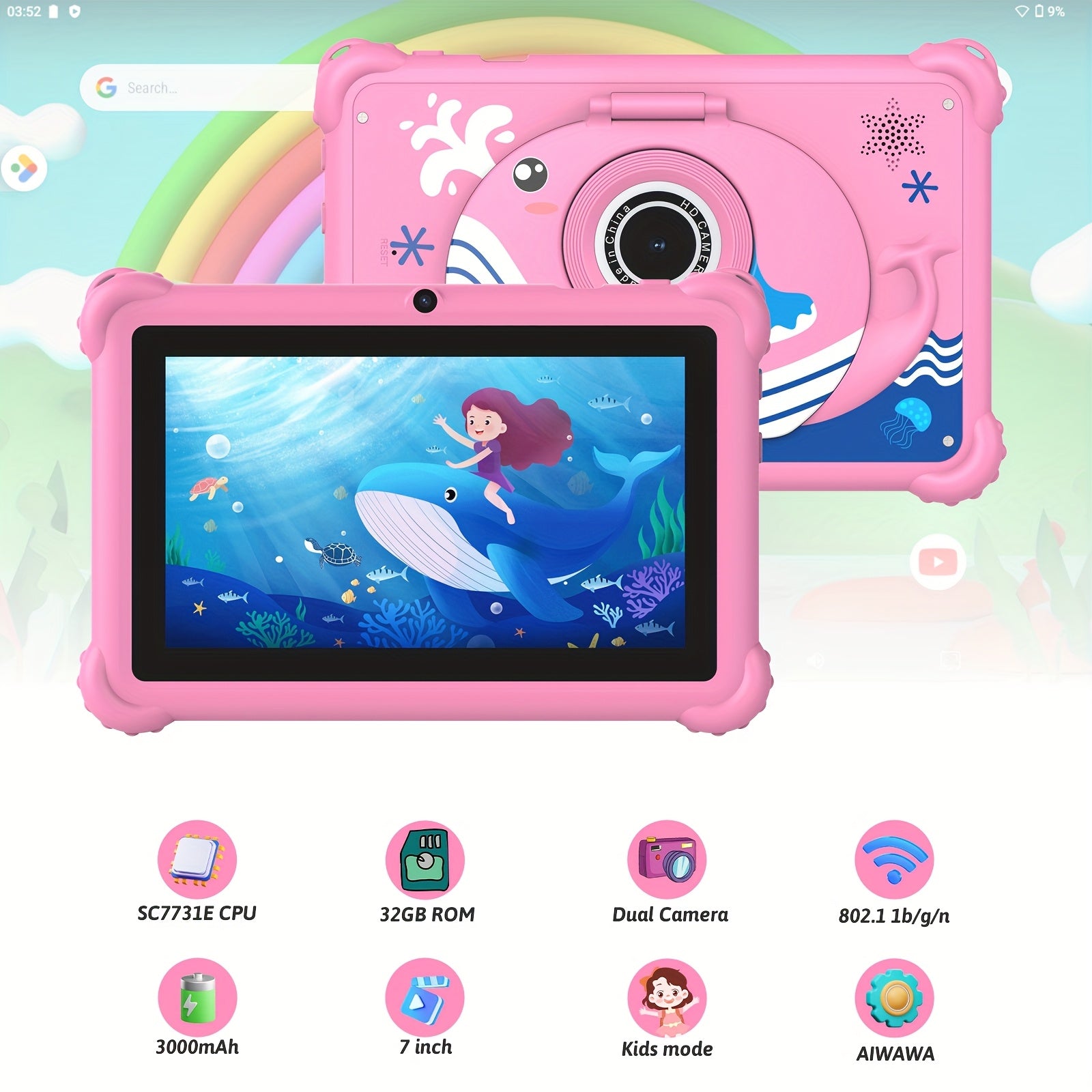 [Youngsters Tablet] Youngsters Tablet - 7-Inch Android Tablet with Multi-Color ABS Case, Dual Camera, WiFi, Stereo Speakers | Safety Eye Protection, Parental Control, Rechargeable Battery, Type-C Charging, Durable And Educati