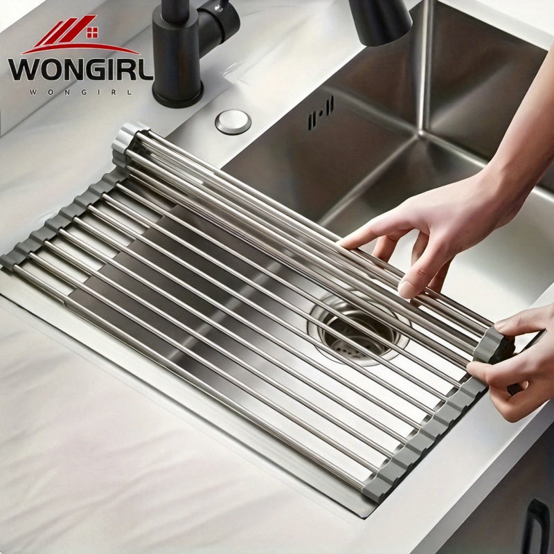 1pc Deluxe Roll-Up Stainless Steel Dish Drying Rack - Space-Saving Over-The-Sink Design, Portable & Anti-Rust, Easy to Clean Kitchen Sink Organizer for Small Spaces, Dish Drying Rack for Kitchen Counter, Sleek Metallic Finish