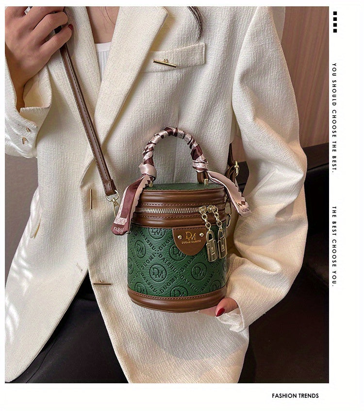 Chic Green Bucket Bag for Women - Stylish Crossbody with Golden-Tone Hardware, Zipper Closure, and Checkered Bow Accents - Perfect for Casual or Formal Outfits, Casual Accessory | Checkered Bow Accent | Zipper Closure Bag