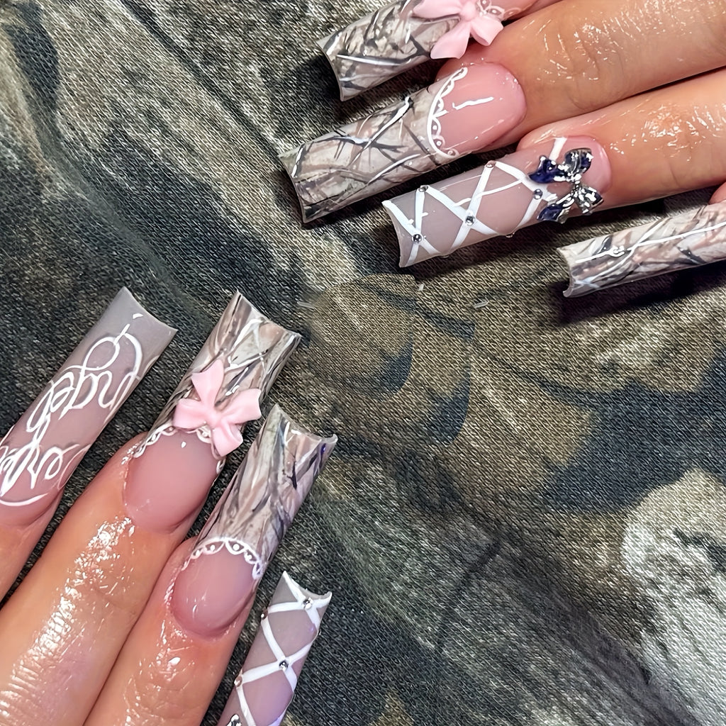 24pcs Long Teardrop Fake Nails Set with Sweet Cool Two-Tone Bow, Romantic Lace Edge Artistic Striped Sparkling Rhinestone Suitable for All Women and s - Includes Nail Files and Jelly Glue for Easy Application