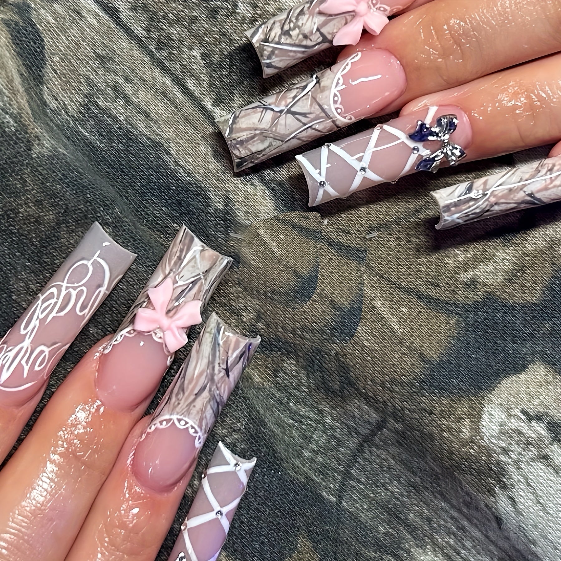 24pcs Long Teardrop Fake Nails Set with Sweet Cool Two-Tone Bow, Romantic Lace Edge Artistic Striped Sparkling Rhinestone Suitable for All Women and s - Includes Nail Files and Jelly Glue for Easy Application