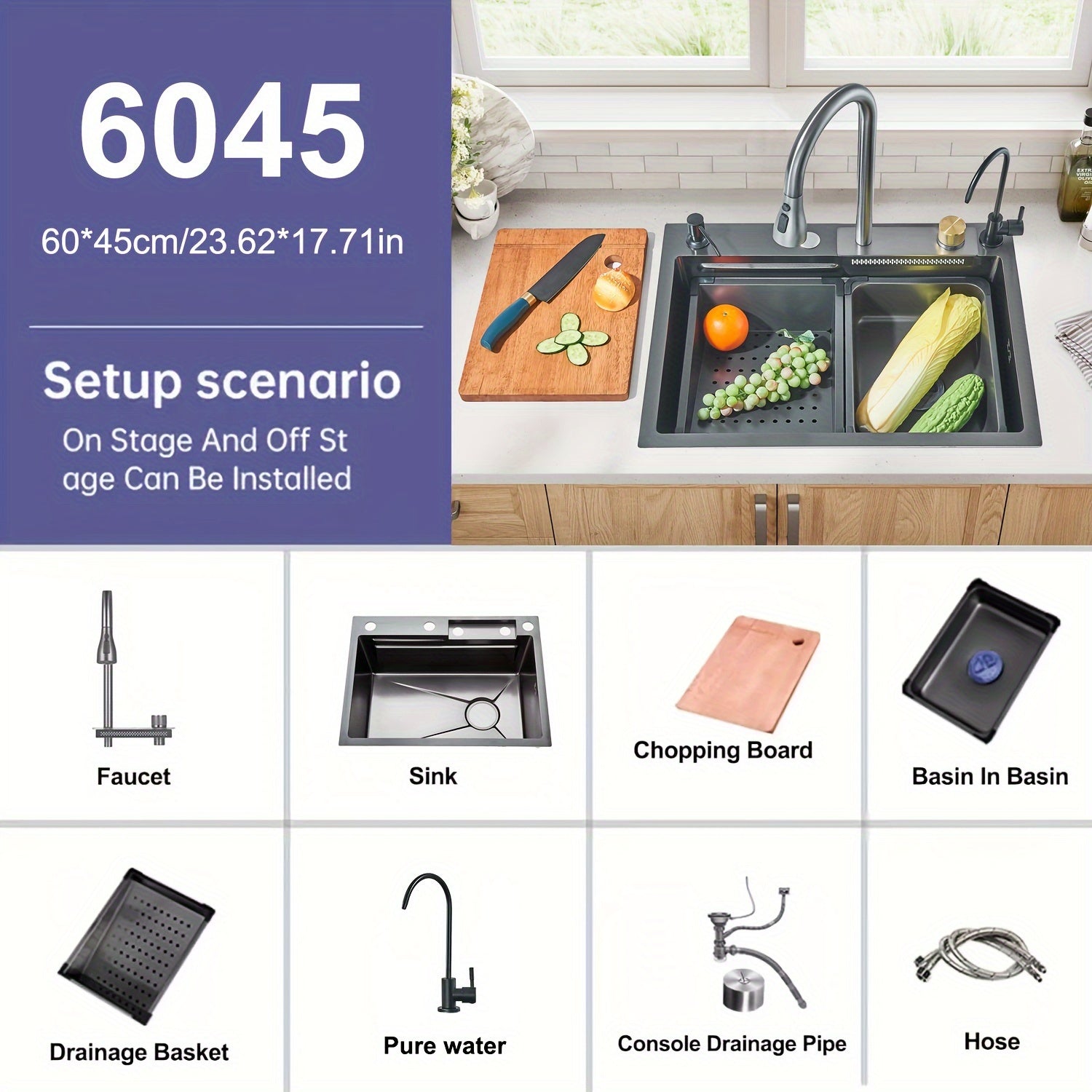 Digital Display Waterfall Sink, Single Bowl Kitchen Sinks, Stainless Steel Bar Sink With Pull Down Sprayhead Faucet, Smart Modern Kitchen Sink, Full Set Of Accessories, Gun Gray & Brushed Golden, 1 Set