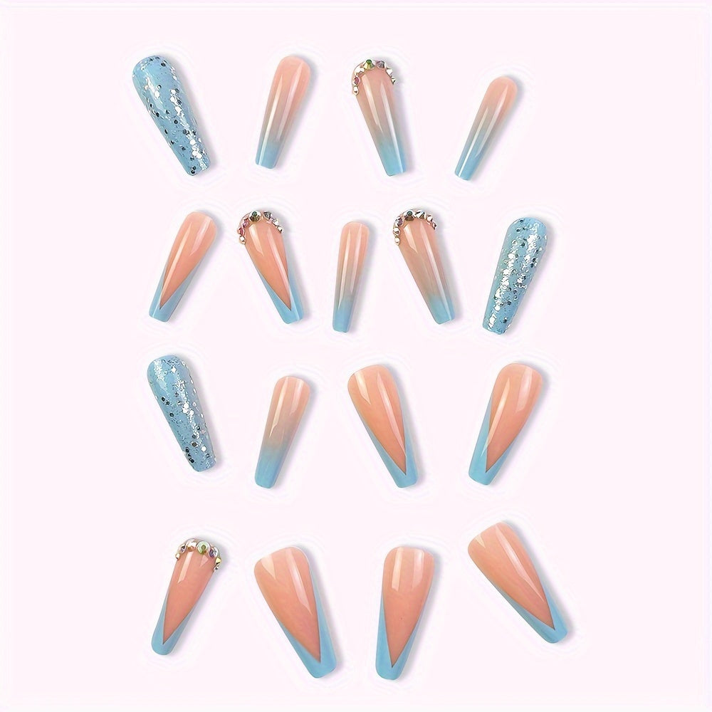 24pcs Glossy Long Ballerina Press On Nails, Pinkish And Blue French Tip Fake Nails with Rhinestone Design, Reusable False Nails for Women Girls