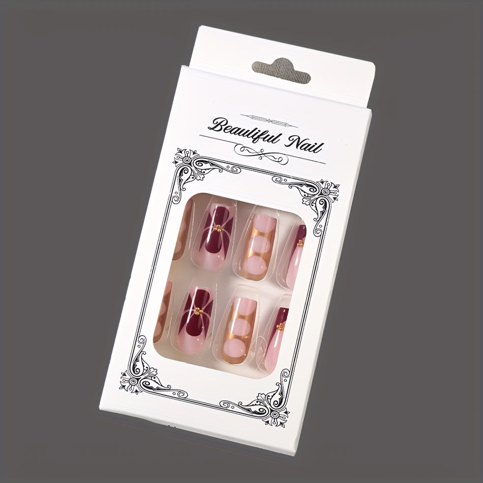 24pcs French Style Press On Nails Set - Glossy Pink, Red & Golden Ballet Shape Medium Length Fake Nails with Jelly Glue & Nail File, Easy Application Salon-Quality DIY Manicure Kit for, Parties, Weddings, Daily Wear (24 Nails