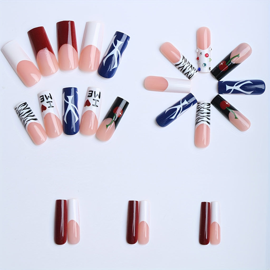 24pcs Long Square Press On Nails - Summer Blue & Black Contrast Glossy Fake Nails with Zebra Stripes, Cherry Accents, French Edges & Floral Designs - Hand-Painted Style for s, Birthday Party Gift, Portable Fake Nails, Nails A