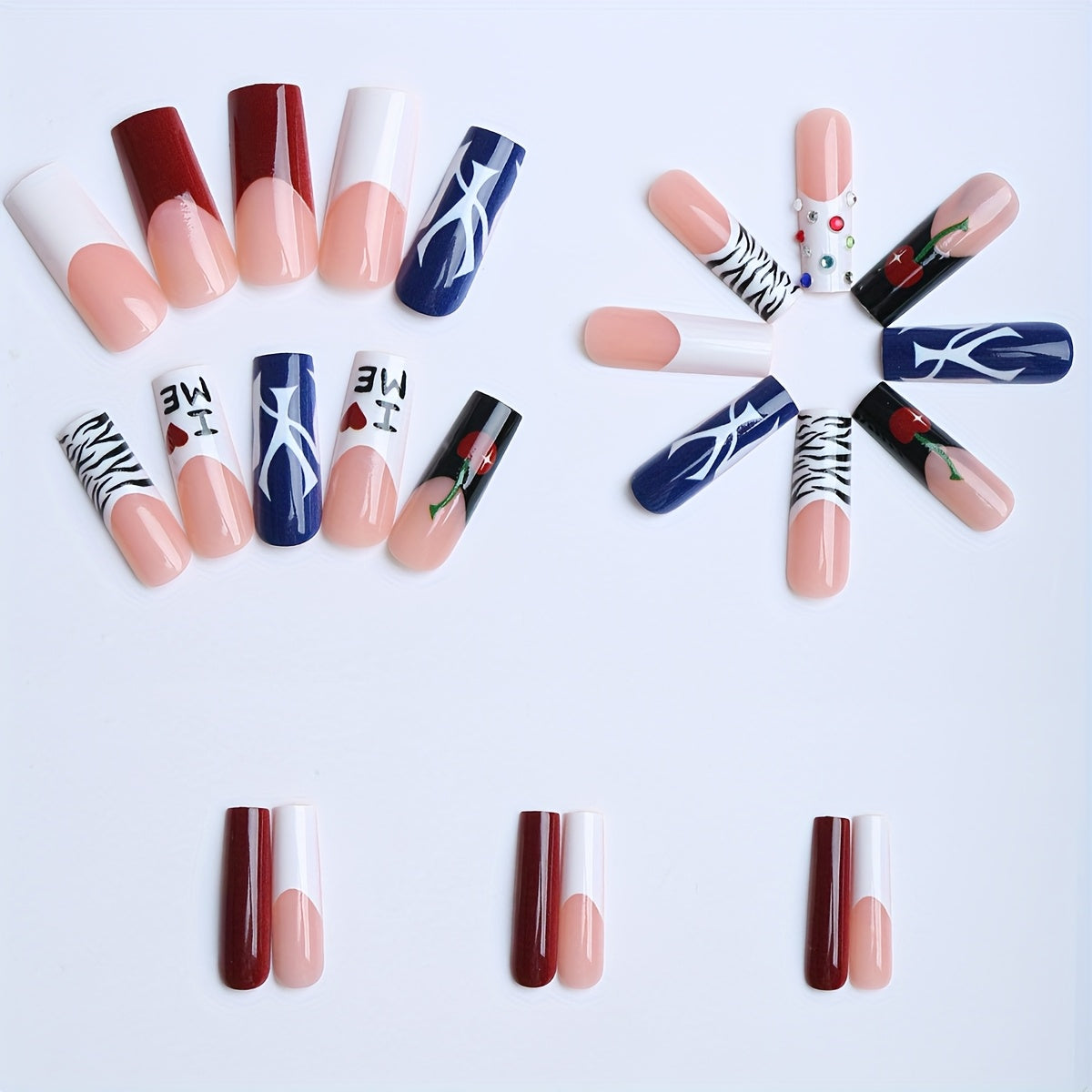 24pcs Long Square Press On Nails - Summer Blue & Black Contrast Glossy Fake Nails with Zebra Stripes, Cherry Accents, French Edges & Floral Designs - Hand-Painted Style for s, Birthday Party Gift, Portable Fake Nails, Nails A