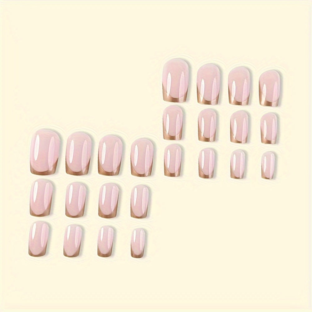 24-Piece Press on Nails Set - Short Square Shape, Glossy Finish, Golden & Pink Striped Pattern, Easy to Apply & Remove False Nail Tips