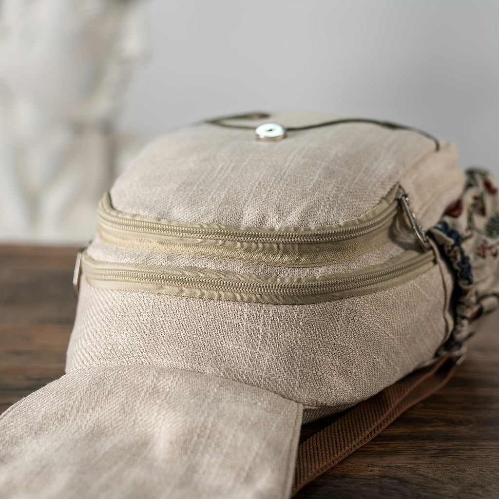 [Handcrafted Detail] Handcrafted Ethnic Style Women's Backpack with Purple Grape and Floral Embroidery, Versatile Dual-Carry Casual Travel Chest Bag, Fabric Material, Zip Closure, Polyester Lining - Ideal for Holidays and Eve