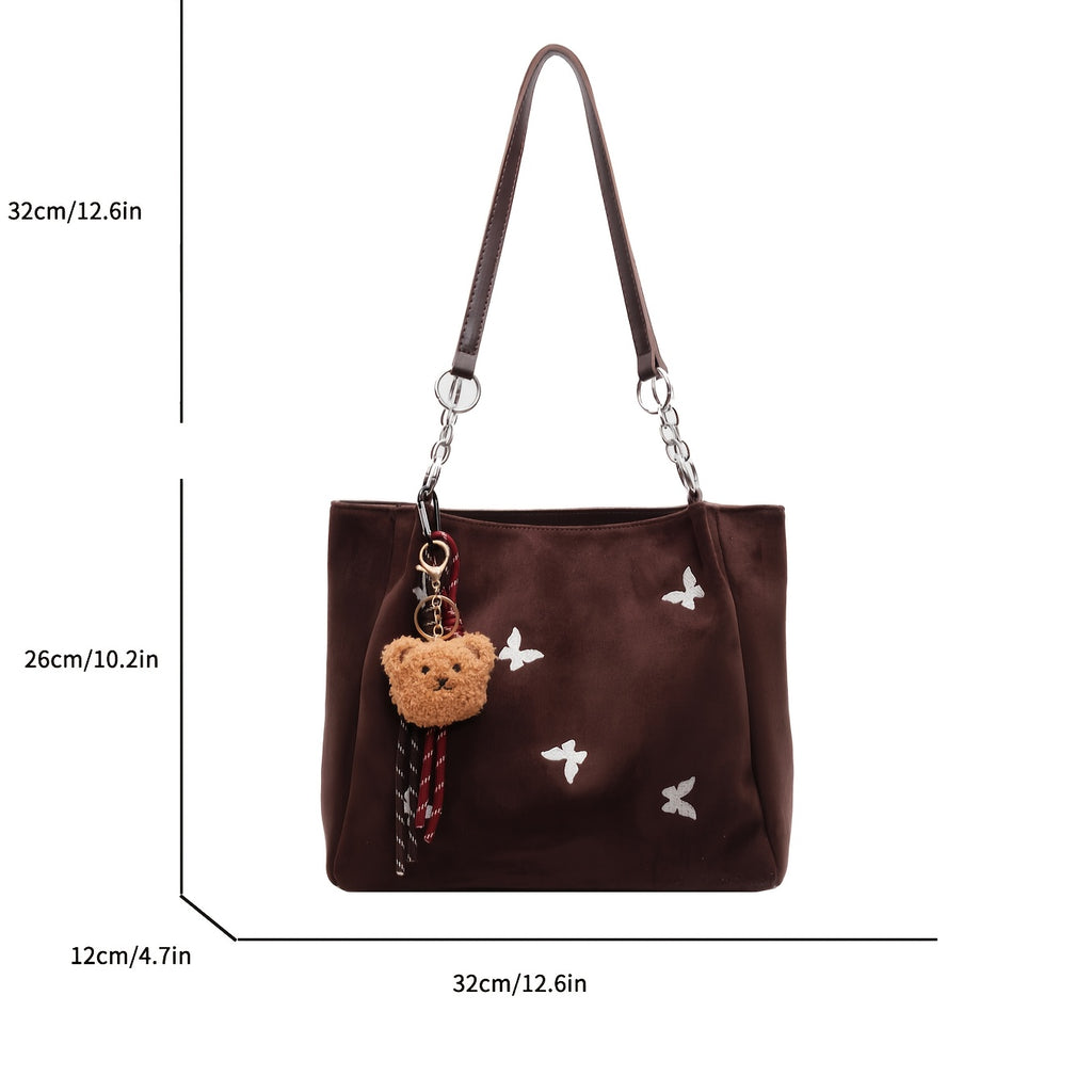 Women's Tote Bag 1pc New Fashion Butterfly Embroidery Large Capacity Autumn Winter Tote Bag, Fashionable Shoulder Bag Elegant Commuter Large Capacity Handbag, Suitable for Various Occasions, with Cute Furry Charm