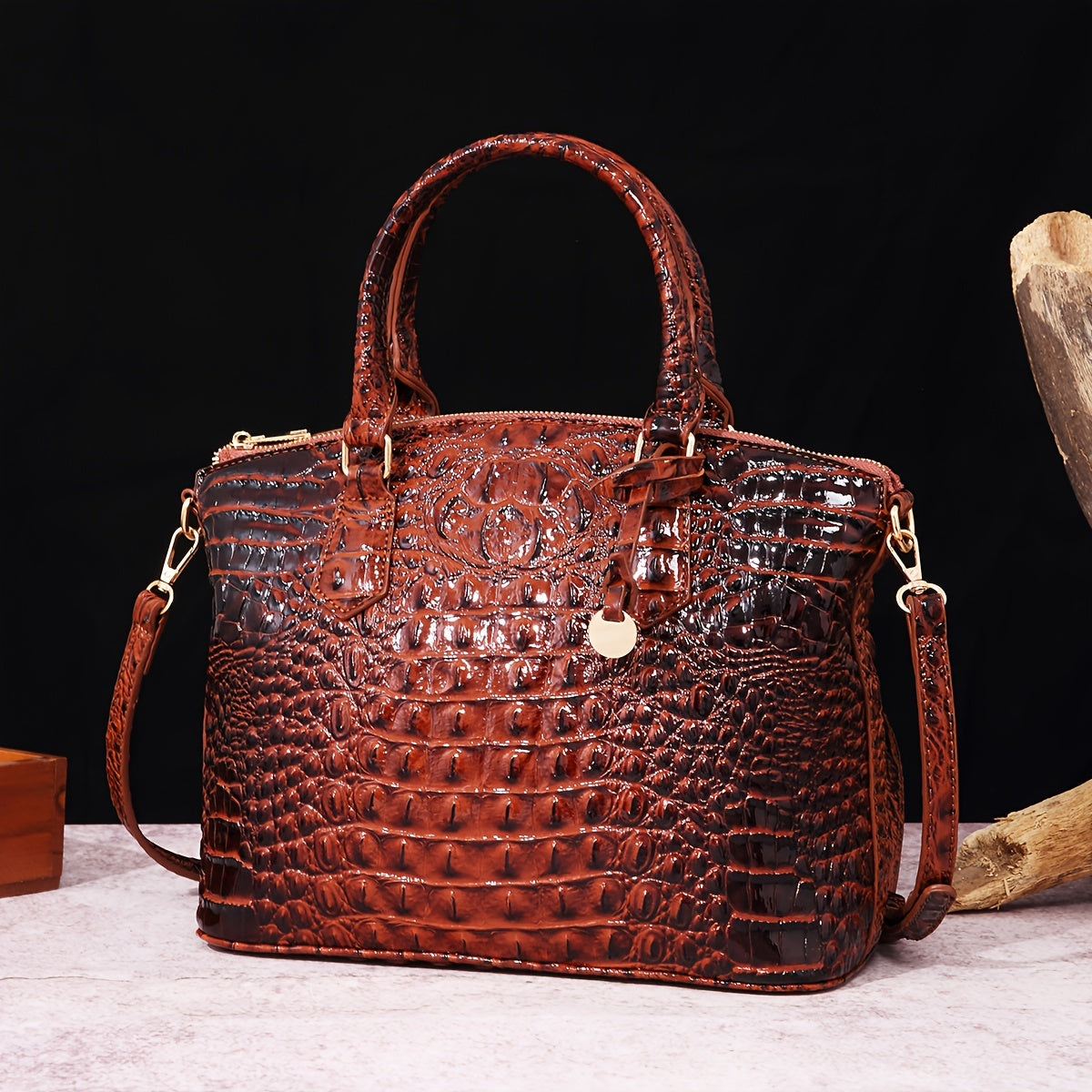 Luxurious crocodile patterned with three-dimensional pattern / metal round buckle decoration / dual handles and adjustable shoulder strap design / large capacity to meet the needs of commuting, business, and travel scenarios