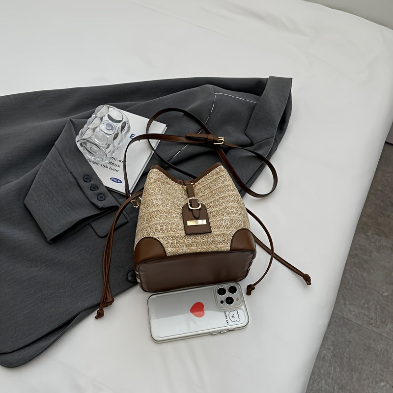 LABOONOO Women's Geometric Straw Bucket Bag - Hemp Crossbody Shoulder Purse with Adjustable Drawstring Closure, Beige & Brown Boho-Chic Design for Casual & Formal Occasions, Crossbody Purse