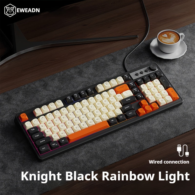 [Wired Gaming Keyboard] EWEADN Wired Gaming Keyboard with Rainbow Backlit, Portable Black Keyboard for Office-98 Keys, Computer External Keyboards Ergonomic Design, with Multimedia Knob, Ball Keycaps, for Gamers and Office, C