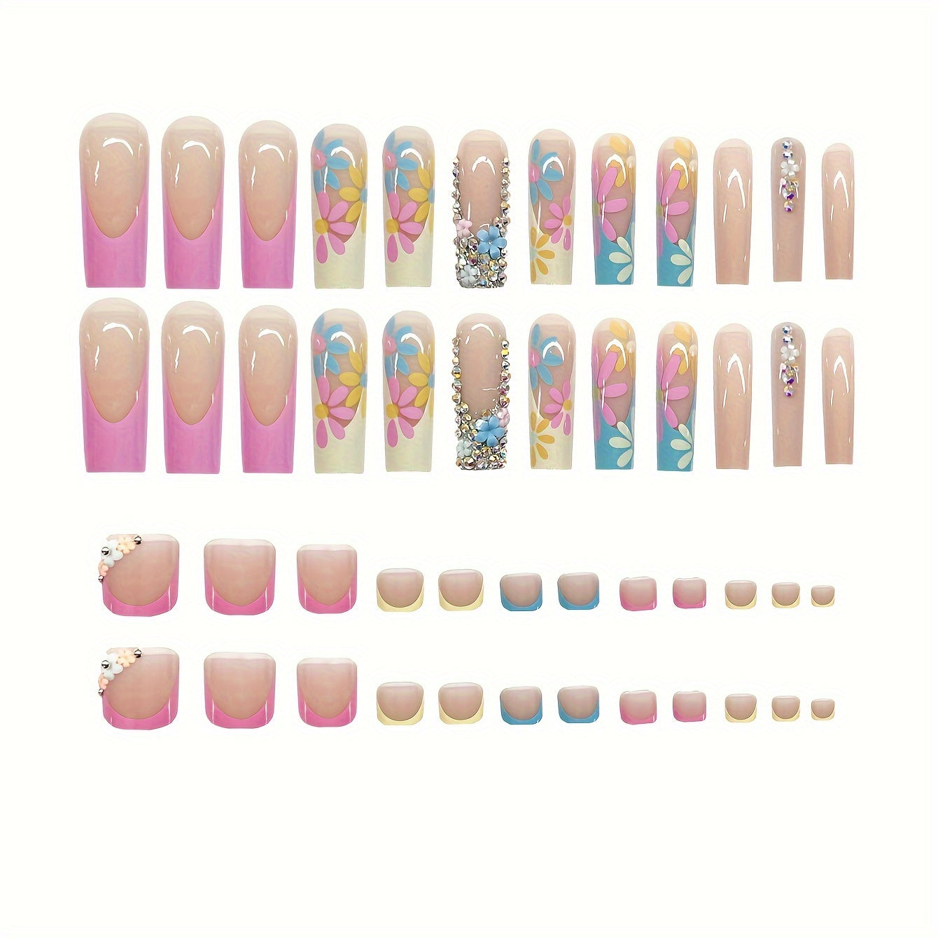 48-Piece Mixed Color System Press-On Nails Set with Square Shape, Long Length, Floral and Glitter Patterns, Glossy Finish - Includes Nail File and Double-Sided Adhesive for Women and Girls.