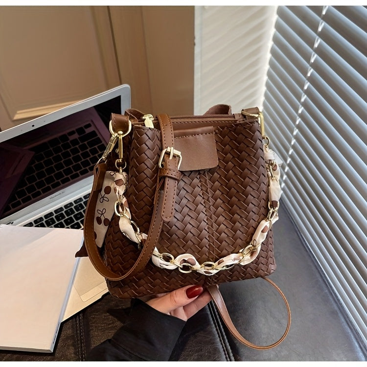 Women's Woven Tote & Bucket Bag - Convertible Crossbody/Handbag with Golden-Tone Hardware, Beige/Black Detachable Strap, Retro Woven-Pattern Shoulder Purse for, Casual & Formal Events (Adjustable, Snap Closure)