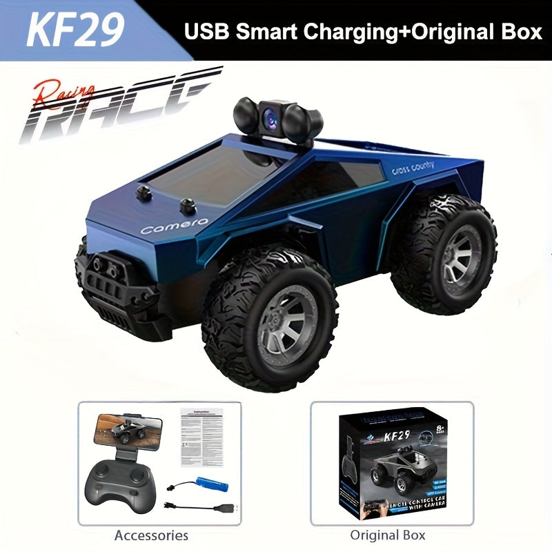 1/28 Scale FPV RC Truck with Camera & Live Video, 2.4GHz Remote Control Car with FPV Goggles-like View, Alloy-Body Style (Plastic), Anti-Interference System, 2-Speed Modes & Flashing Lights - Controlled for Boys & Adults (Gif