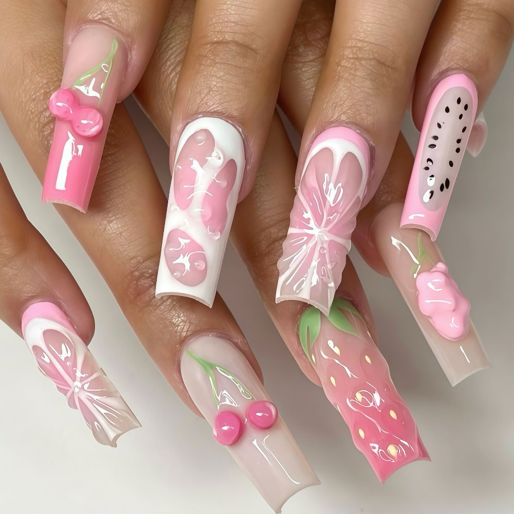 24pcs Hand-Painted 3D Cherry Strawberry Bow & Pink Glitter False Nails Set - Kawaii Anime Style Press-On Nails with White Tips, Medium Length Square Fake Nails for Women, Parties, Weddings, Prom (No Glue Needed)