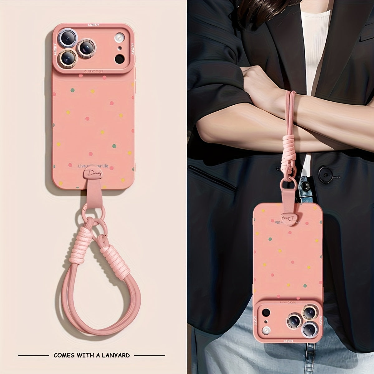 Full screen color dots are suitable for iPhone 17 Promax phone case, new 15 friend models, 16pro handheld Apple 14 Promax premium protective case with hanging rope 17 Pro soft case, Women's autumn and winter