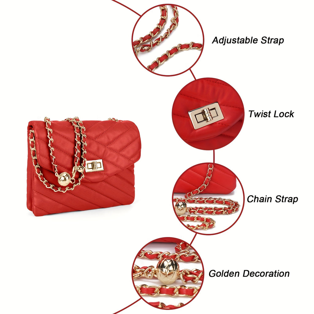New Fashion Diamond Lattice Soft Chain Bag, Leisure And Simple With Pure Color PU Ladies Daily Travel Crossbody Bag