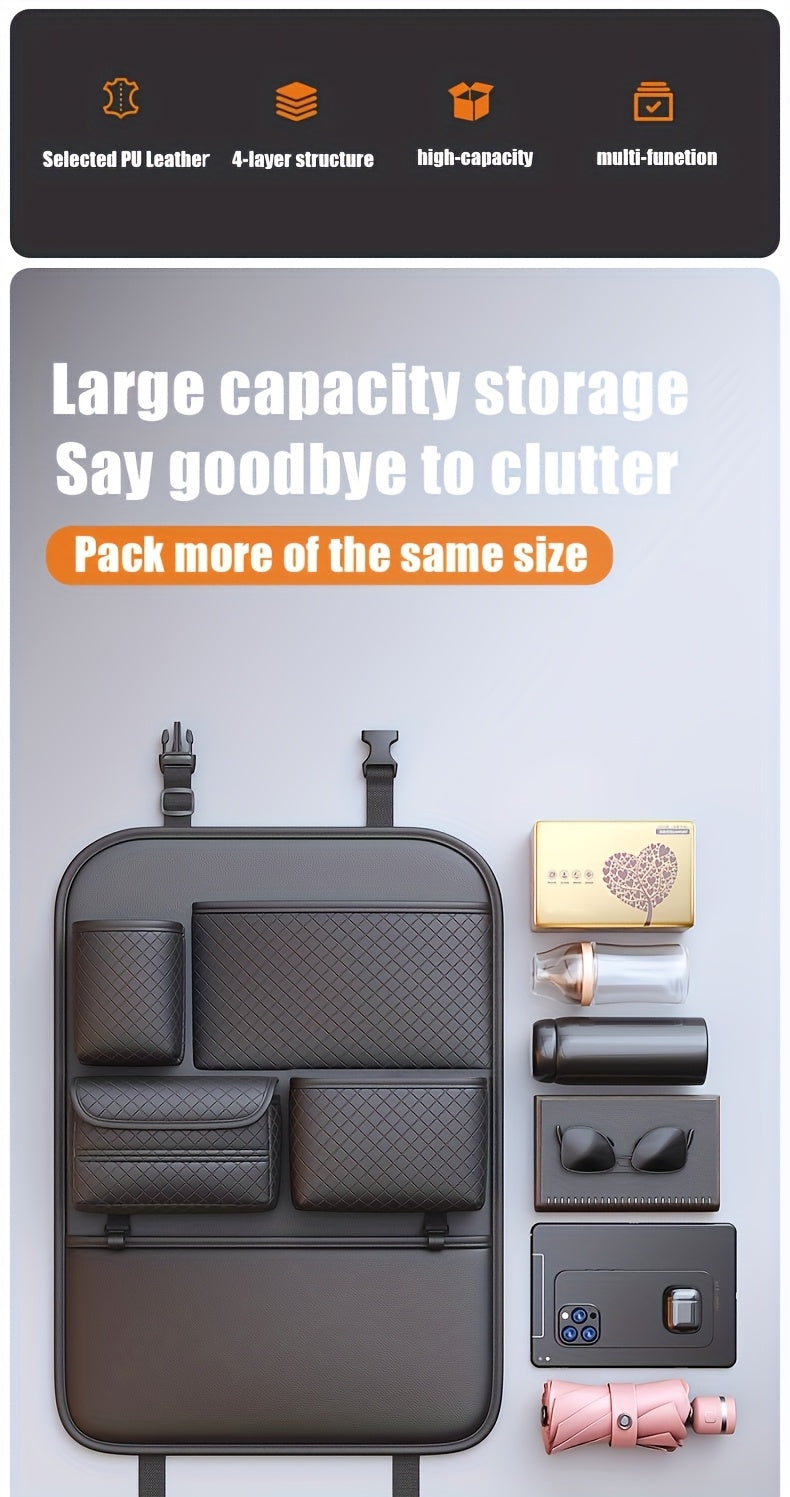 [2025 New PU Leather Car Bag] Universal Fit PU Leather Car Seat Back Organizer Bag | Multi-Layer Storage for Bottles, Tablets, Laptops & Accessories, Black, 2025 New | Stylish Car Organizer