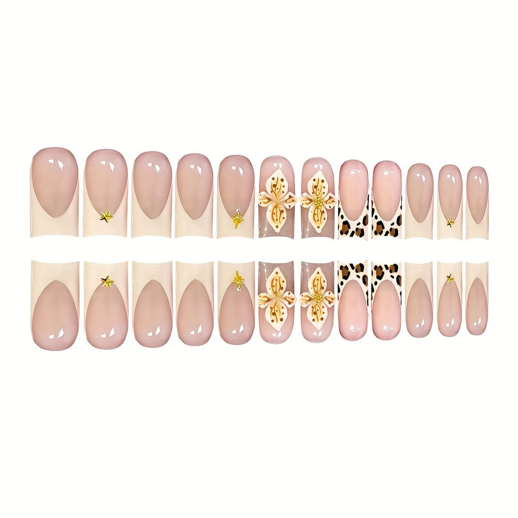 24pcs Set Square False Nails, French Tip, Fashionable Leopard Print, Sweet Floral, Pure Lust, All-Match for Women and Girls, Includes Nail File and Jelly Glue, Easy Application, Yellow Tone, Matte Finish, Medium Length