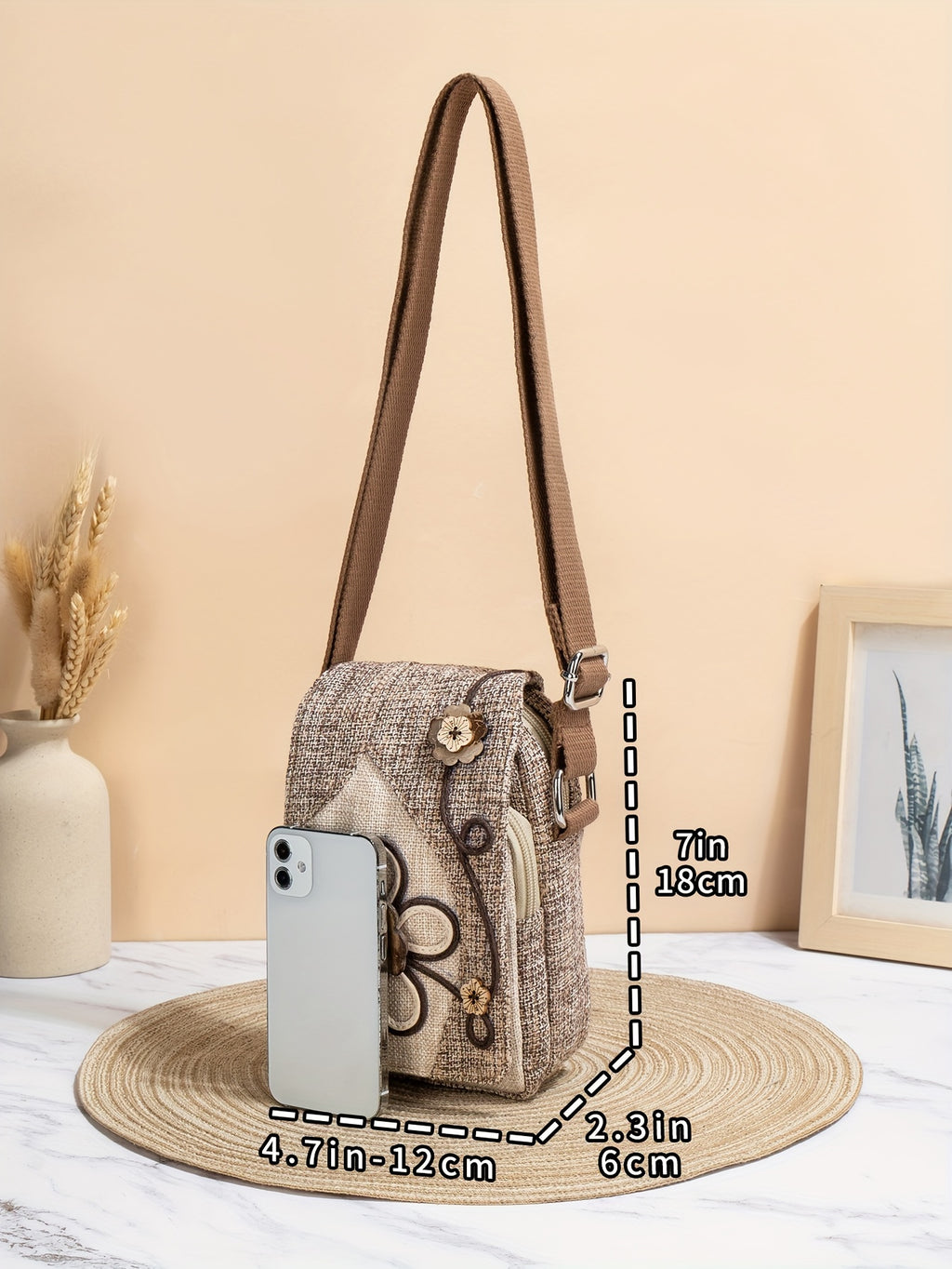 Women's Floral Design Phone Bag, Contrast Color Retro Style Crossbody Shoulder Bag With Adjustable Strap