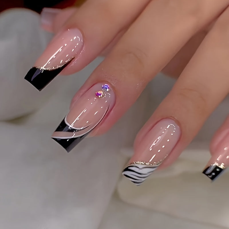 24pcs Medium-Length French-Style Ballet Press-On Nails, Black and White Zebra Print with Minimalist Rhinestone Design, Removable Press-On Fake Nails with Jelly Glue and Nail File, for Women and for Holidays, Parties, or Daily