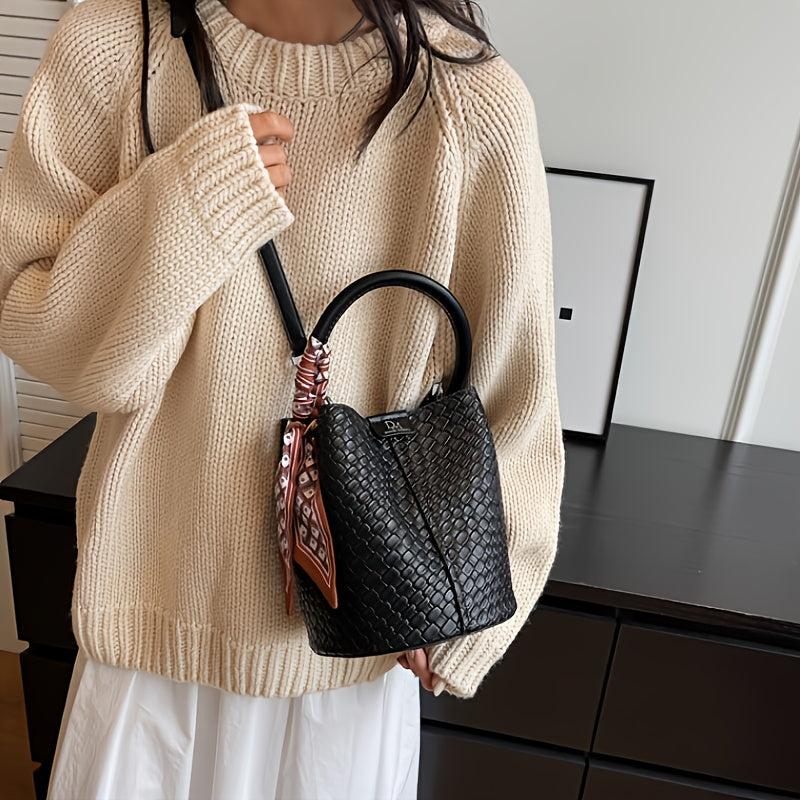 Women's Woven Bucket Handbag & Crossbody Bag - Golden-Tone Hardware, ic Closure, Detachable Strap - Deep Brown/Beige/Green/Black - Elegant Tote for, Travel, Formal Events - Durable Wipe-Clean