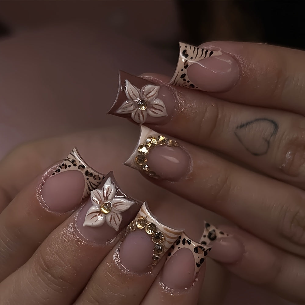 24pcs Brown Leopard Print Pointed Press-On Nail Patches - Ultra-Short Square, Golden Bead Nail Edge Inlay, 3D Brown Carving, Full Coverage Nails, Including (A Piece of Jelly Glue And a Nail File), Perfect Manicure Choice for