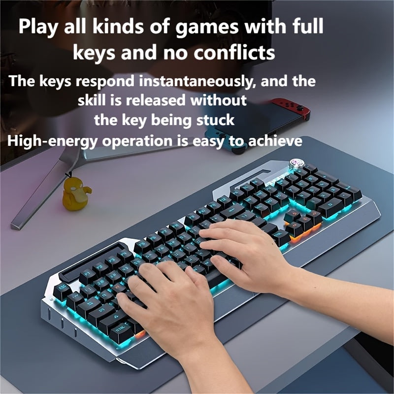 Ergonomic Gaming Keyboard - Wired, Faux Mechanical Feel, LED Color Backlight, USB Connection, 104 Keys Full Metal Panel, Multimedia Knob And Laptop Phone Holder Gift for Your Family Boyfriend