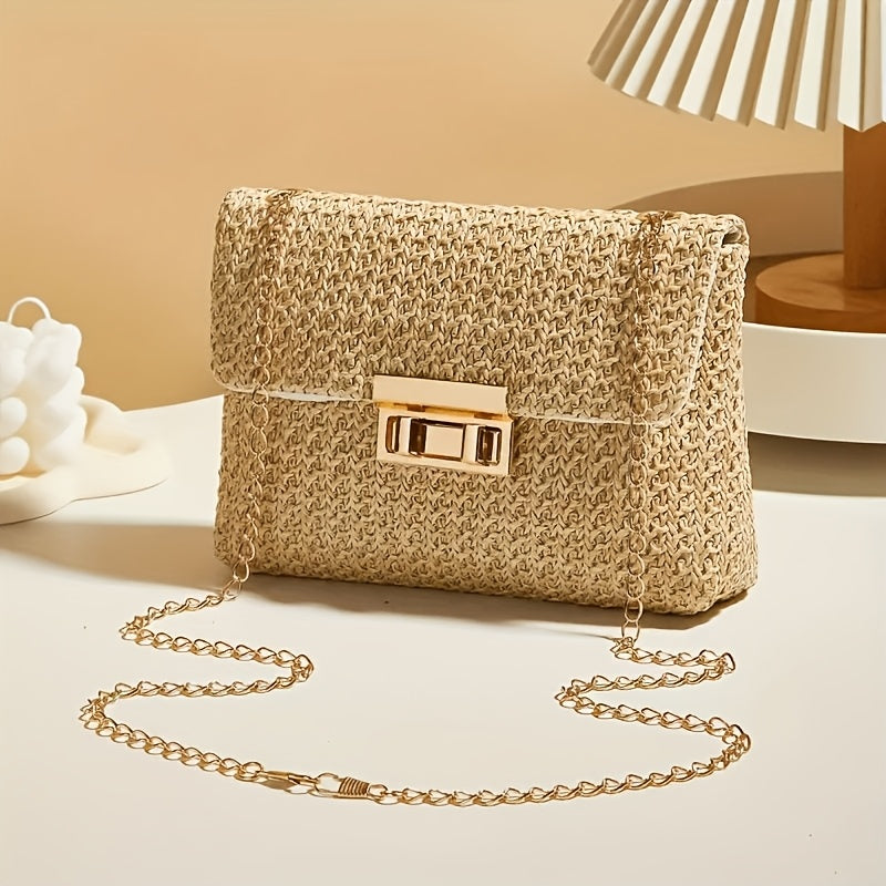 [Perfect Gift for Her] Women's Elegant Woven Straw Shoulder Bag with Golden Chain Strap, Detachable Crossbody Style, Polyester Lining - Perfect Gift for Her, Khaki/Cream Color | Clasp Closure Purse | Polyester Lining, Ladies