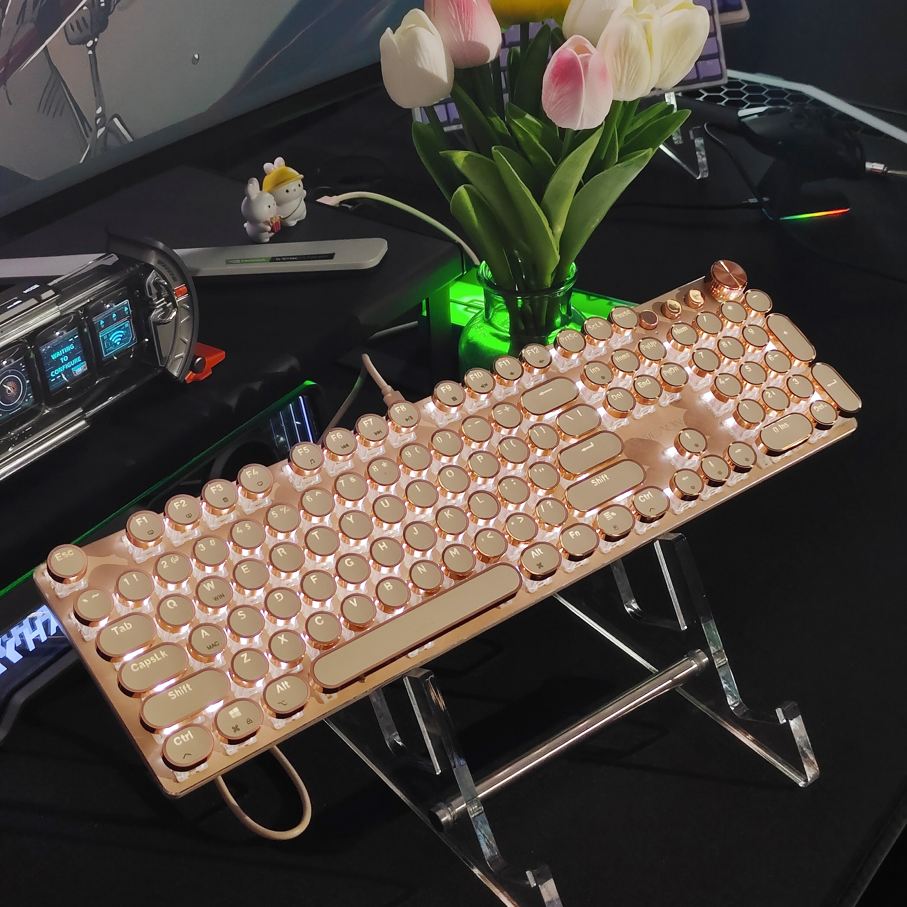 EWEADN Mechanical Gaming Keyboard Typewriter Style, 104 Keys Punk Wired Keyboard Retro, Office Keyboards Full Size LED Backlit, With Multimedia Knob, Ergonomic Design For Game And Office, For Windows Laptop PC/Tablet