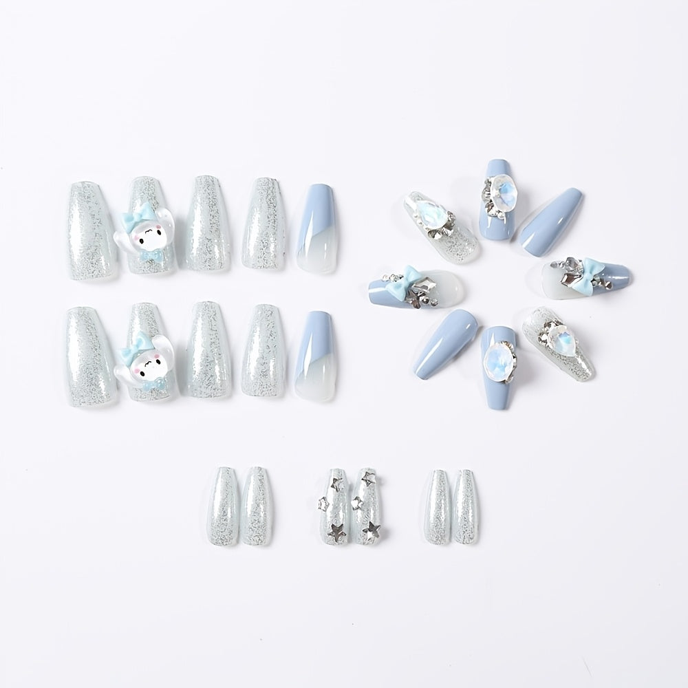 [Playful Nail Design] 24pcs Sanrio Cinnamoroll Press-On Nails | Silvery Glitter, Ballet Style, Full Cover, Glossy Finish, Cartoon Design, Medium Length, ABS Material, Manicure & Pedicure, Nail Art Accessories