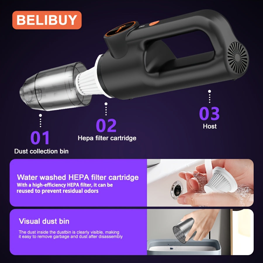 [Super Powerful Cordless Vacuum] BELIBUY 200W Super Powerful Cordless Handheld Vacuum Cleaner | 3KPa Suction, Portable Lightweight Design with Integrated Blower & Crevice Tool, Rechargeable Battery, USB Charging for Home & Ca