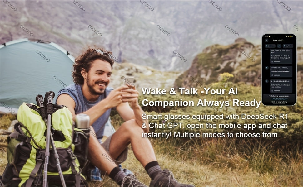 OICIIDO AI Smart Glasses, New Multifunctional Audio Glasses for Men and Women, Support Real-Time Translation for 160+ Languages and Video Translation, Equipped with Chat GPT System, Built-In Microphone and Speaker, HD Voice C