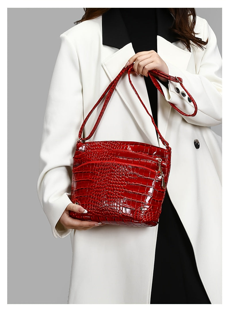 Shiny Crocodile Pattern Women'S Bag, PU Soft Shoulder Bag, Multi-Layer Crossbody Bag, Stylish And Versatile Large Capacity Bucket Bag.