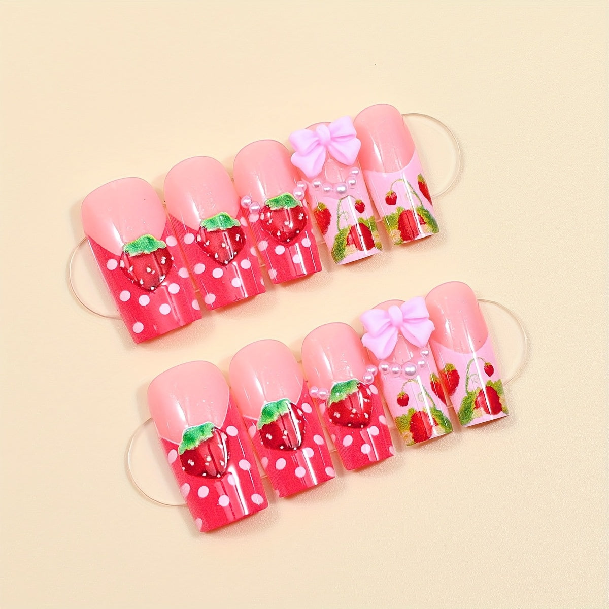 [French Bow Strawberry Nails] 24pcs French Bow Strawberry 3D Square Press-On Nails with Jelly Glue File