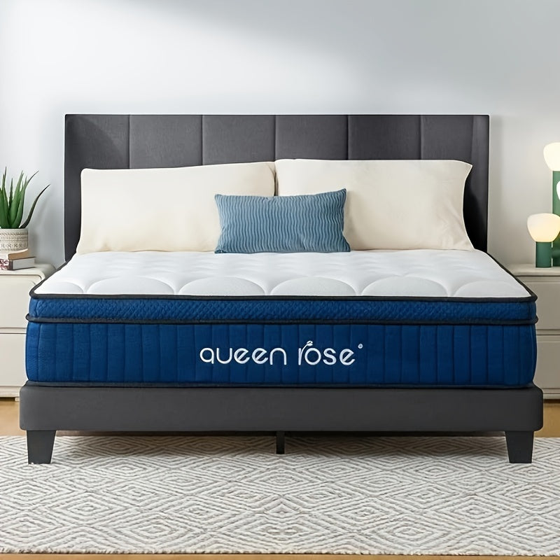 QUEEN ROSE 12 Inch Hybrid Mattress in a Box with Gel Memory Foam & Individually Wrapped Pocket Coils - Medium Soft Feel, Motion Isolation, Edge Support, Cooling Breathable European Cover, Twin/Full/Queen/King Sizes, White & B