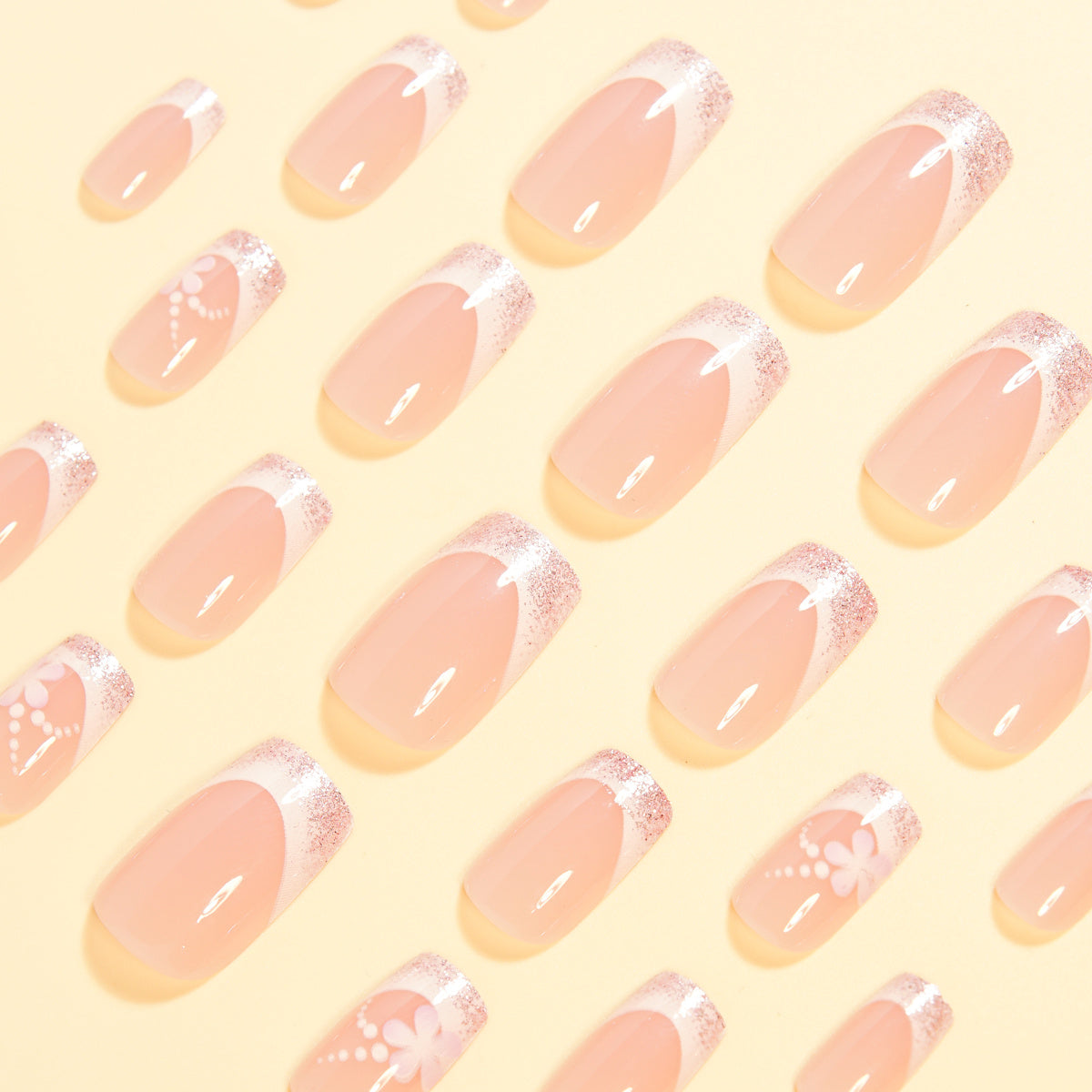 24pcs Show Your Beauty Chinese Style Medium Pink Floral Polka Dot Colorful Powder Shine Glossy French Press-On Nails Fashionable Versatile Wearable Nails Suitable for Spring and Summer Daily Wear for Women and Removable Press