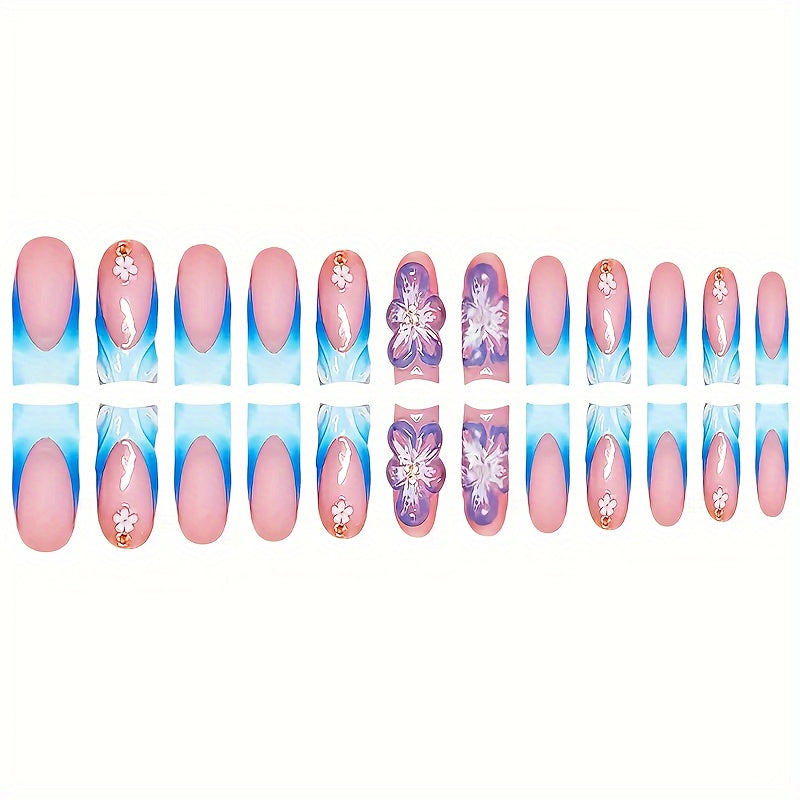 [Fake Nails Set] 48pcs Square Fake Nails Set, 3D Pure Desire Flower Spiral Nail Tips, Includes Nail File and Jelly Glue in the Box for Easy Application, Suitable for All Women